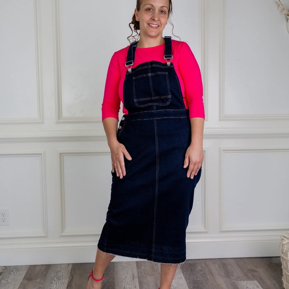 Dark Blue Denim Overall Dress with Pockets